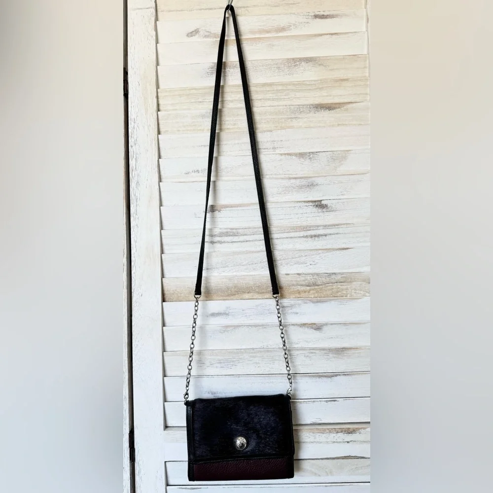 Brighton CITY BLOCK Medium Tech Wallet Chestnut Leather Calf's Hair Crossbody